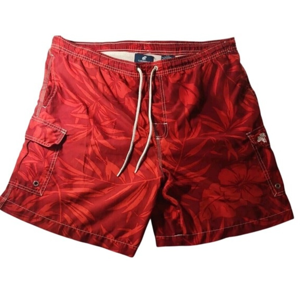 Caribbean Joe Swim Trunks M (Fits 38") Tropical Floral‎ Red 7" Inseam READ